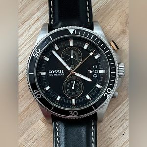 Fossil Chronograph Men’s Watch Black Dial Date Copper Markers Leather Strap